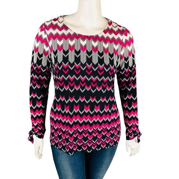 Susan Graver Womans Sz Large Blouse Black Long Tie Sleeve Stretch Abstract - Picture 1 of 11